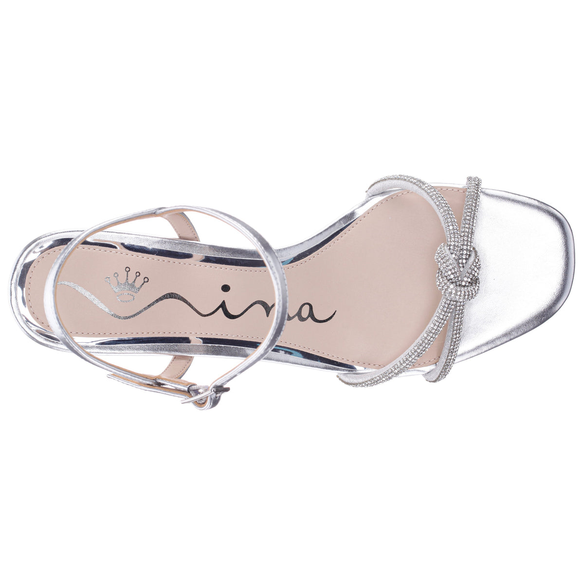 Nina Shoes Valeria Silver Glaze with Clear Rhinestone Knot on a Demi-Wedge with Ankle-Strap