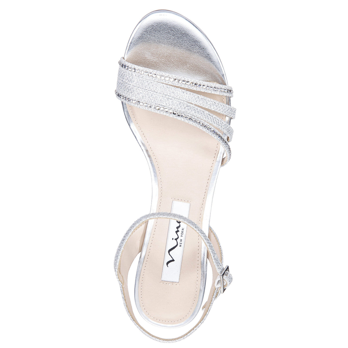 Nina Shoes Nelena Silver Textured Metallic with Clear Crystals Low-Heel Sandals with Ankle-Strap
