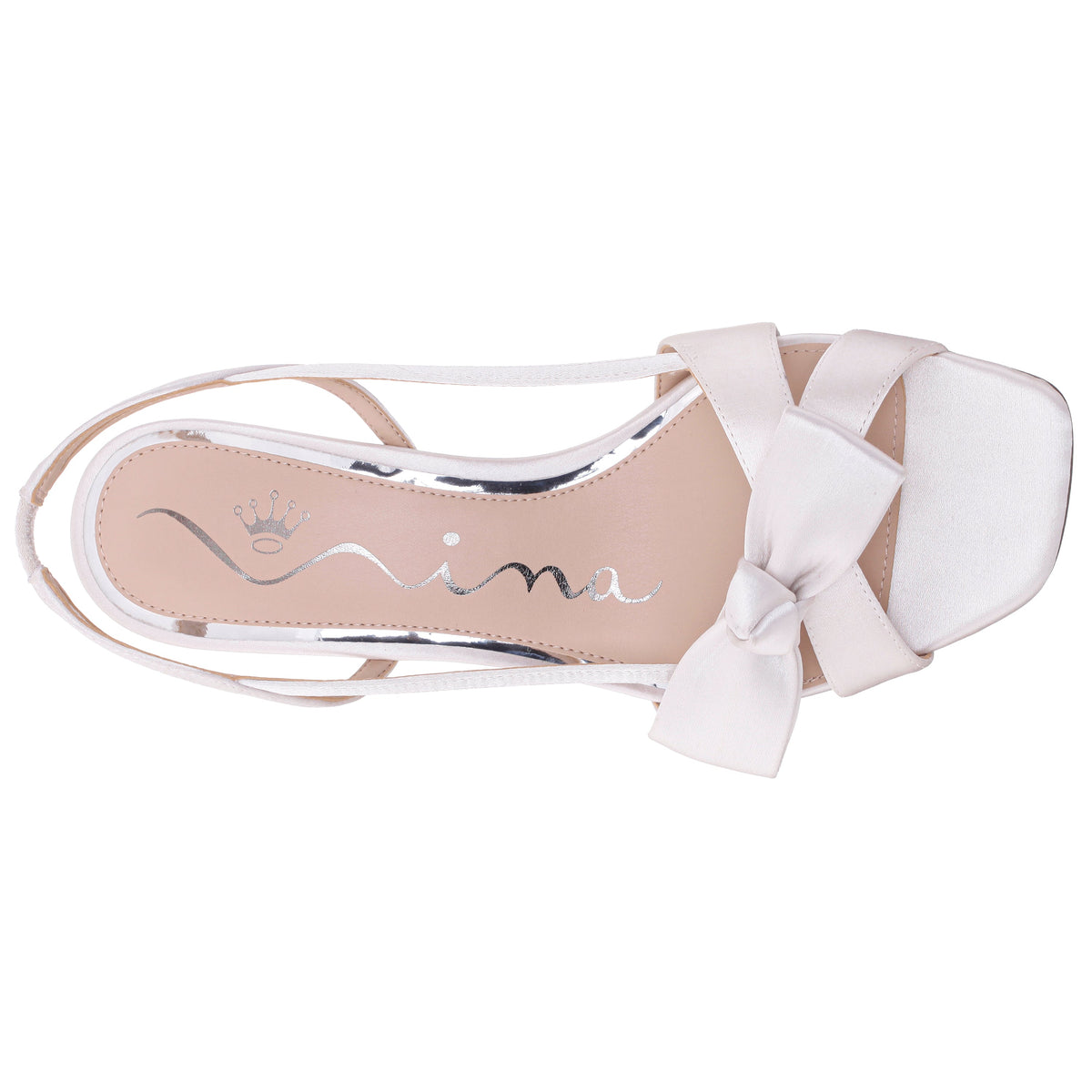 Nina Shoes Lizette White Satin with Bow Slingback Sandals on a Mid-Heel