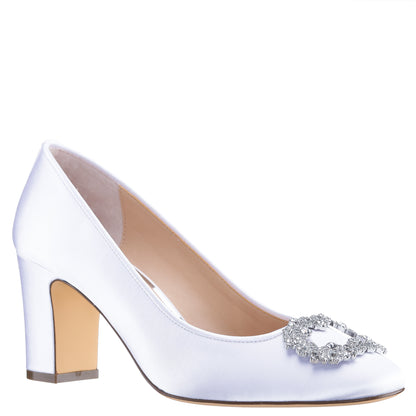 Nina Shoes Giovia White Satin Block Heel Pump