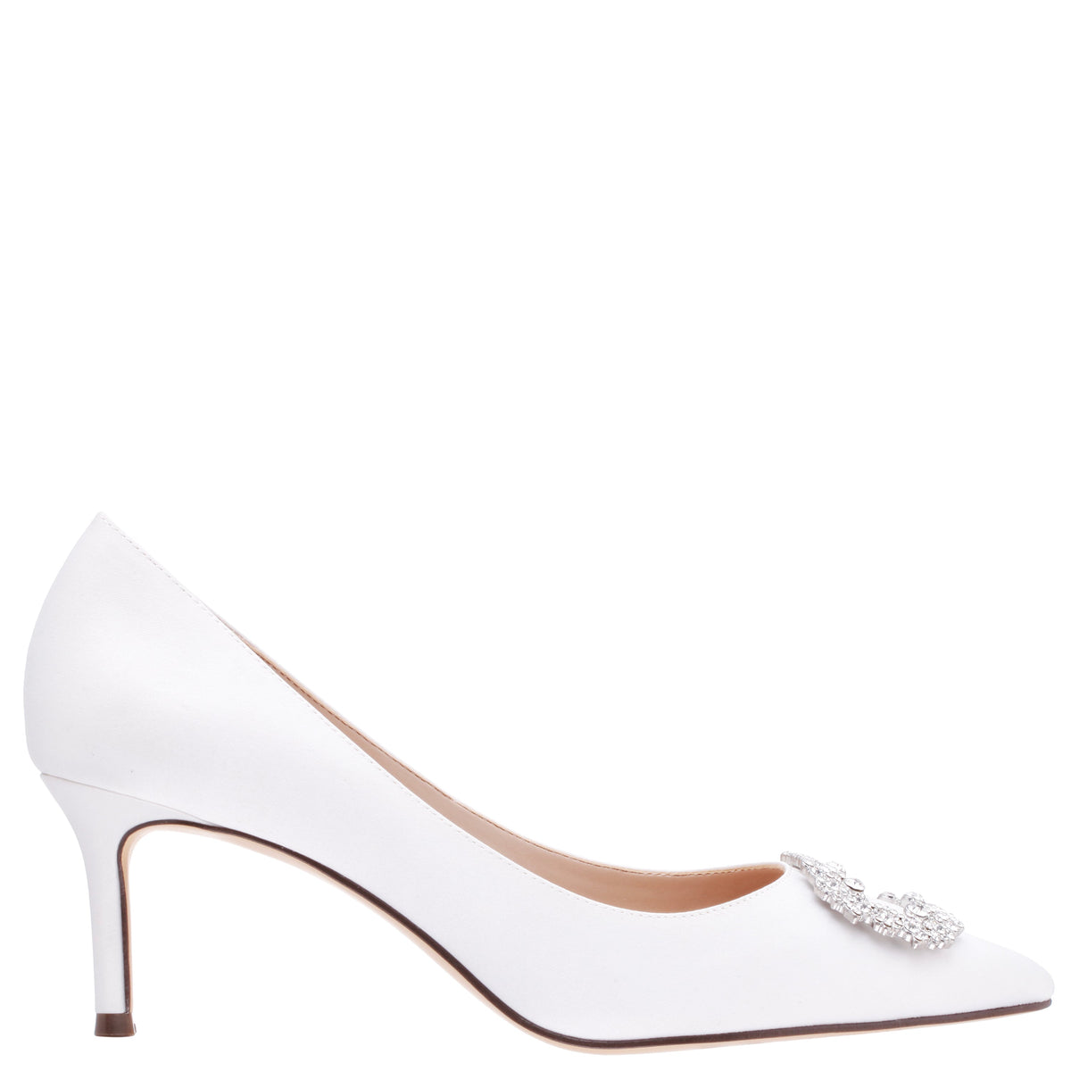 Nina Shoes Neya White Satin Mid-Heel Pumps with Jeweled Buckle
