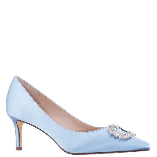 Nina Shoes Neya Blue Satin Mid-Heel Pumps with Jeweled Buckle