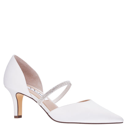 Nina Shoes Brystol White Satin with Crystal Band Mid-Heel D'Orsay Pumps