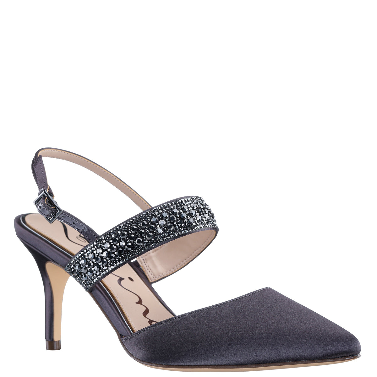 Nina Shoes Trista Grey Satin Sling Back Mid-Heel Pumps