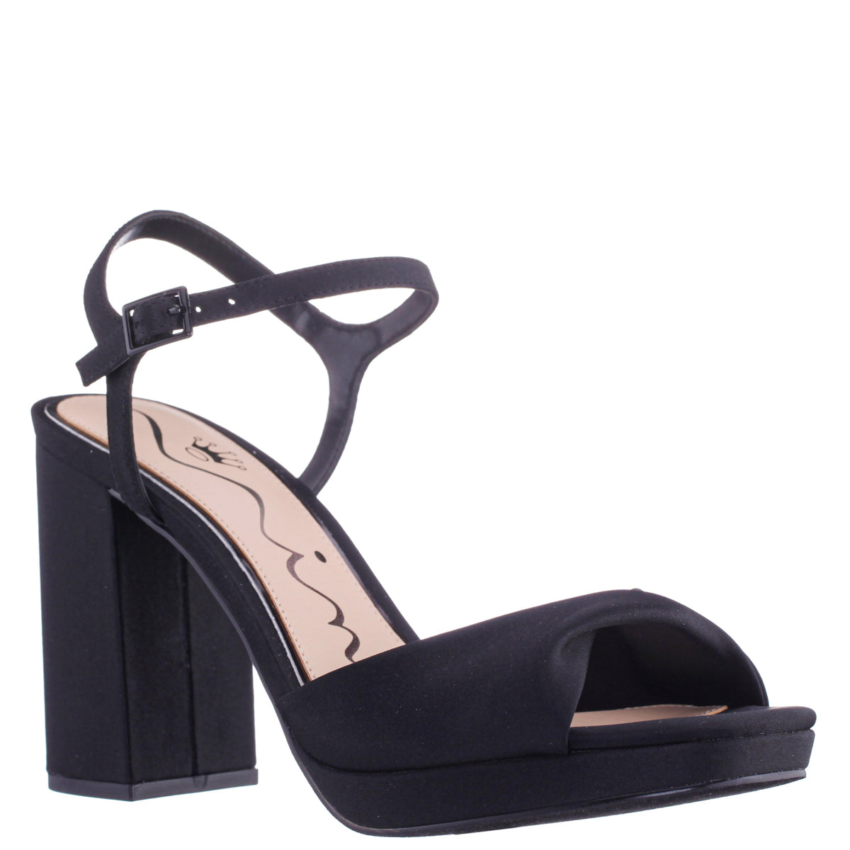 Nina Shoes Suzon Black Satin Block Mid-Heel Platform Sandal