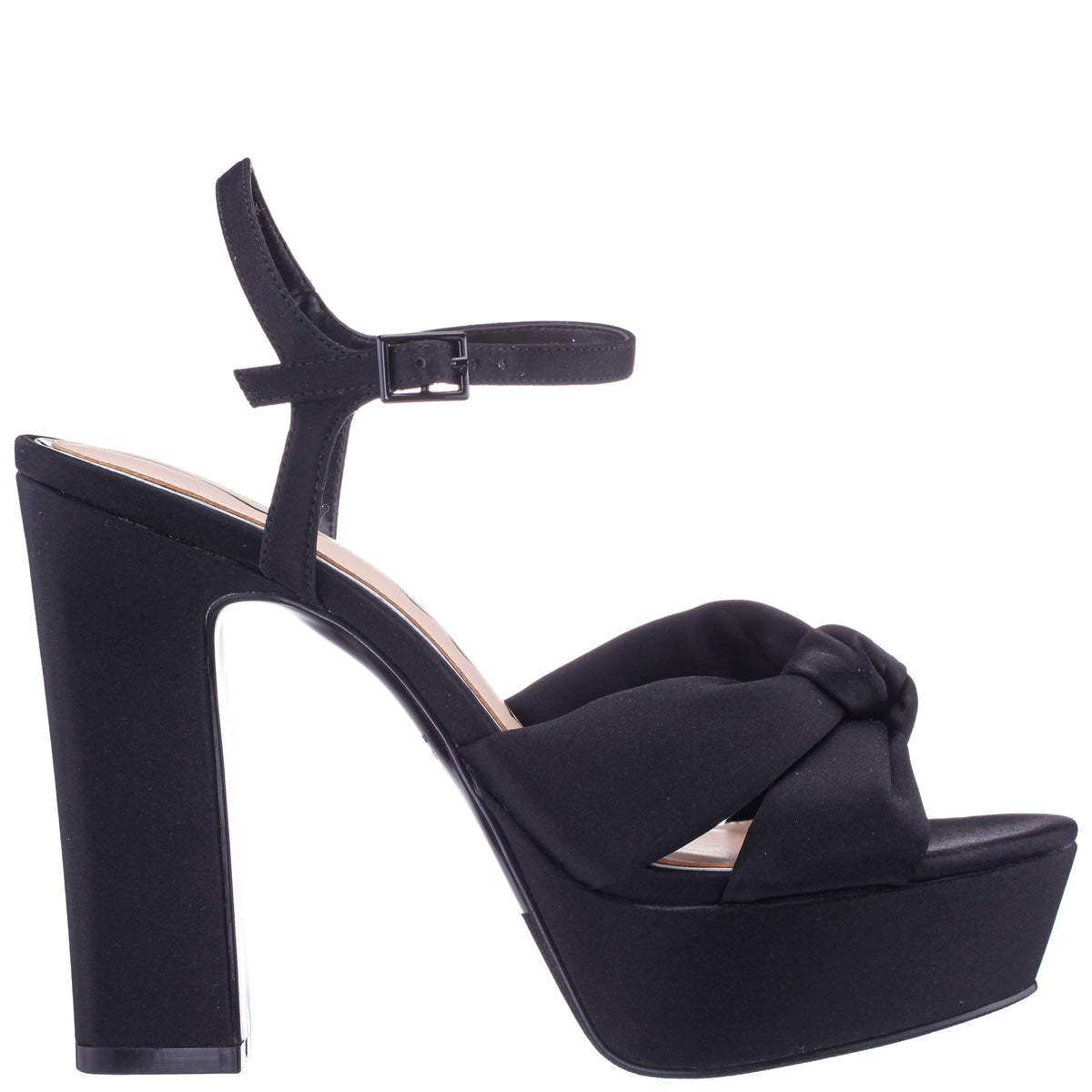 Nina Shoes Sherlee Black Satin Ultra-High Block Heel Platform Sandal