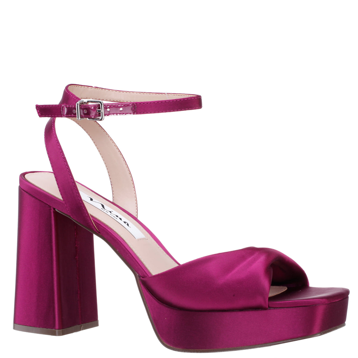Nina Shoes Stacie Red Satin Block-Heel Platform Sandals with Twist-Front and Ankle-Strap