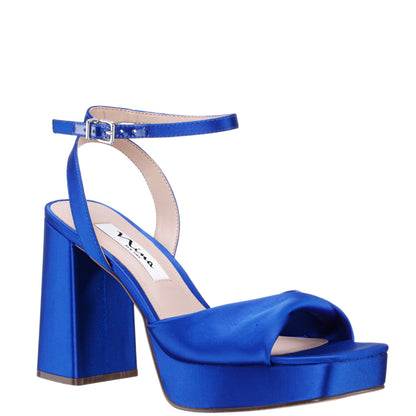 Nina Shoes Stacie Blue Satin Block-Heel Platform Sandals with Twist-Front and Ankle-Strap