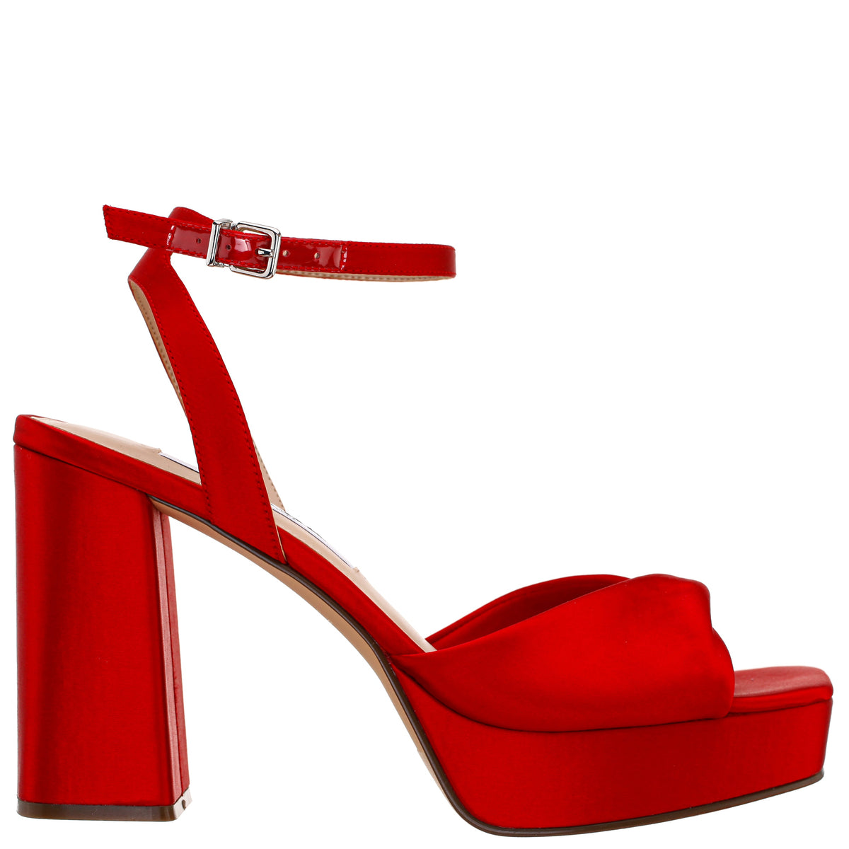 Nina Shoes Stacie Red Satin Block-Heel Platform Sandals with Twist-Front and Ankle-Strap