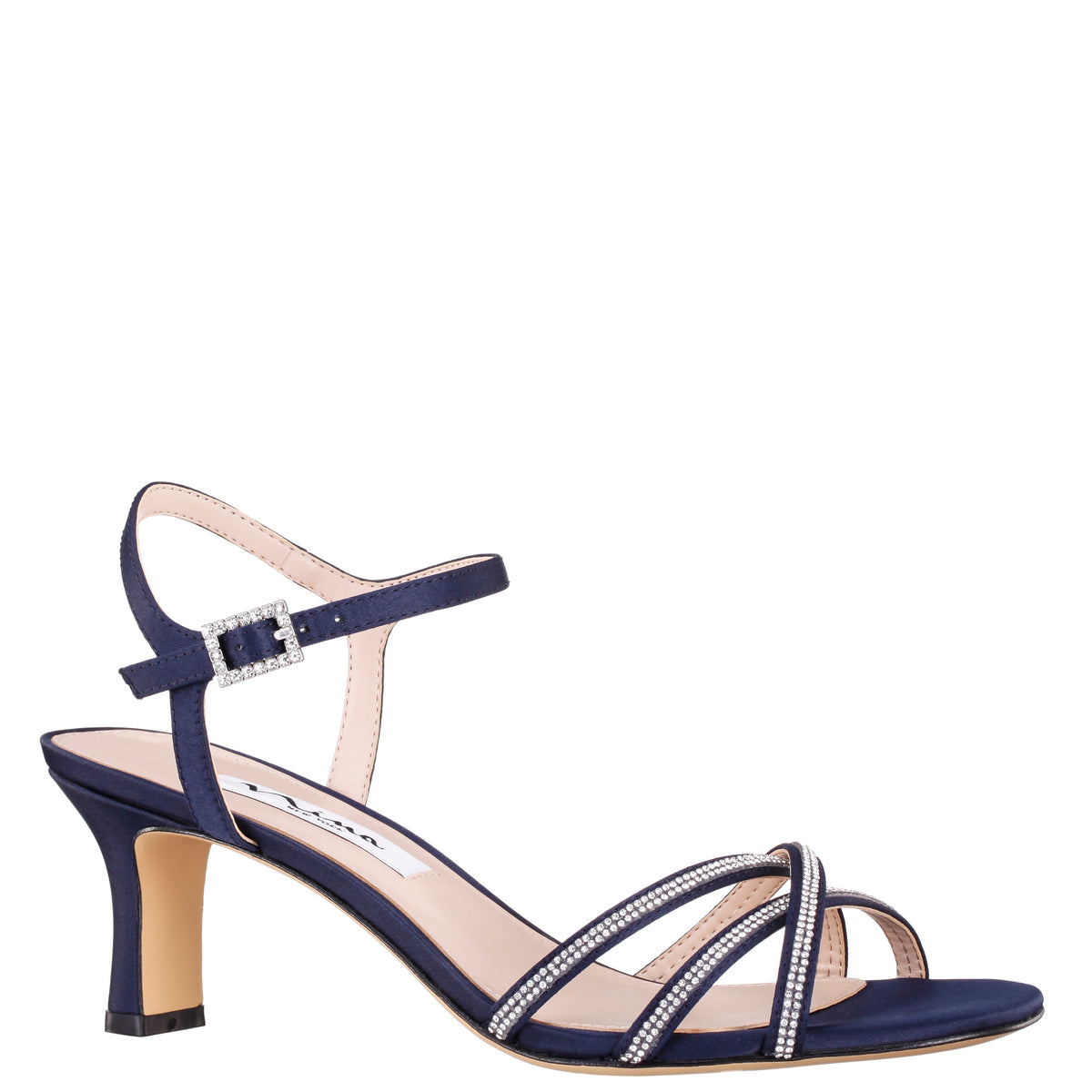 Nina Shoes Bobby Navy Satin Mid-Heel Sandals with Ankle-Strap