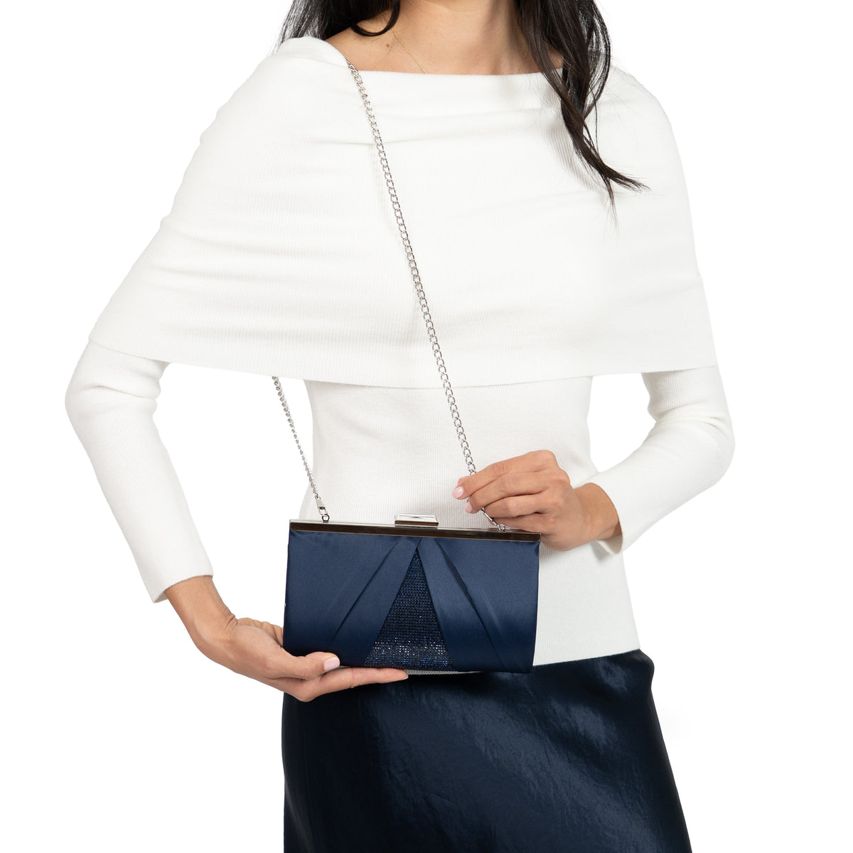 Nina Shoes Ophelia Blue Pleated Satin Frame Clutch