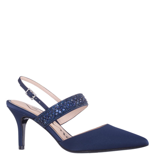 Nina Shoes Trista Navy Satin Sling Back Mid-Heel Pumps