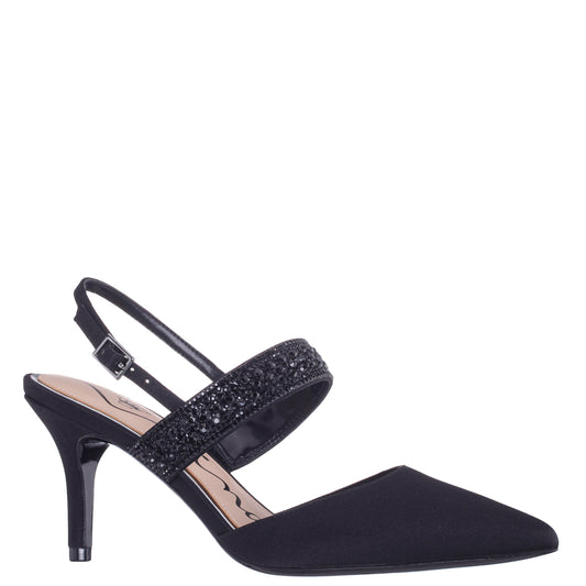 Nina Shoes Trista Black Satin Sling Back Mid-Heel Pumps