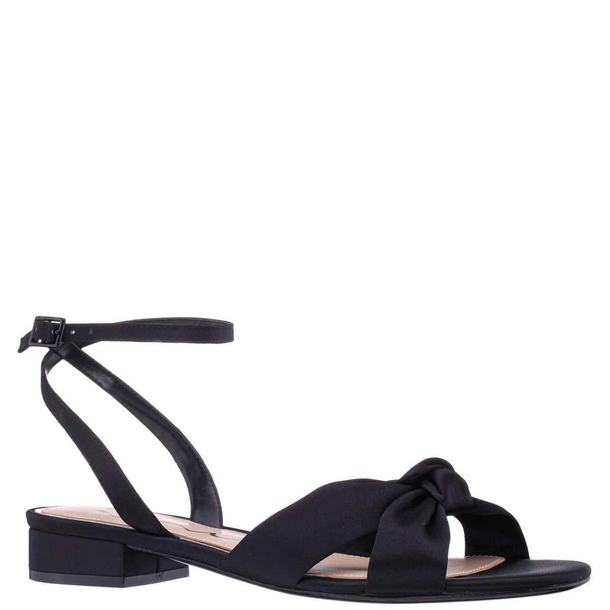 Nina Shoes Sulma Black Satin Block-Heel Flat Sandals with Ankle-Strap