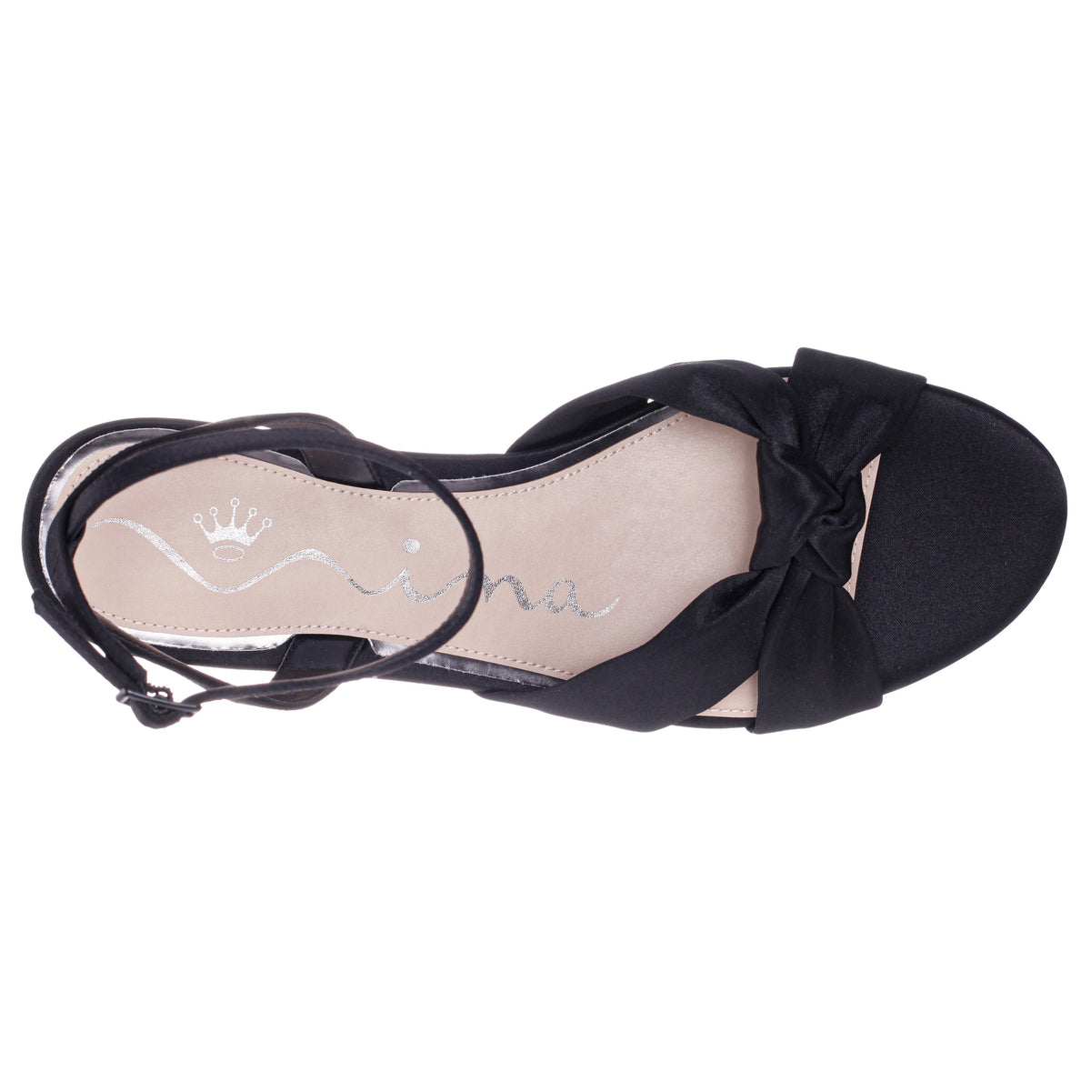 Nina Shoes Sulma Black Satin Block-Heel Flat Sandals with Ankle-Strap