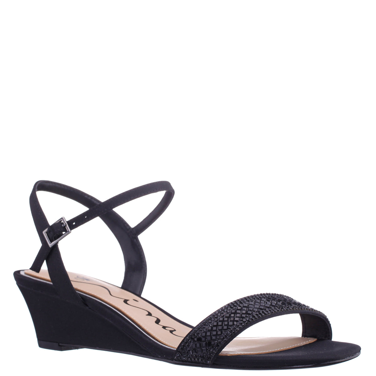 Nina Shoes Vonda Black Satin Low-Heel Wedge Sandal