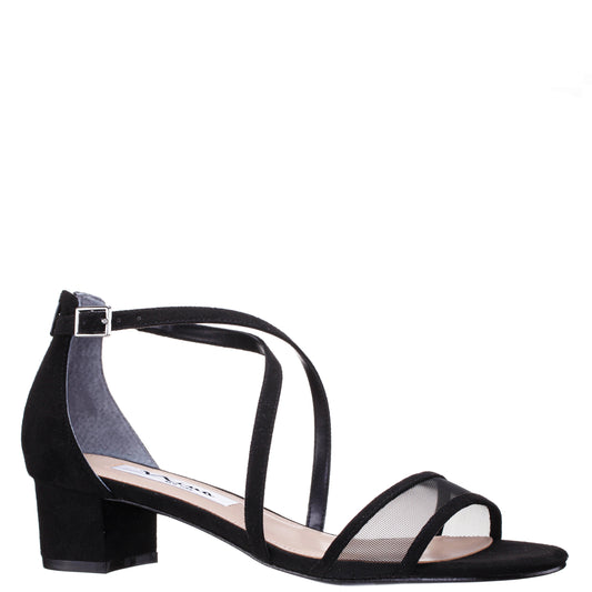Nina Shoes Ginette Black Satin With Mesh Block-Heel Sandals with Ankle-Strap