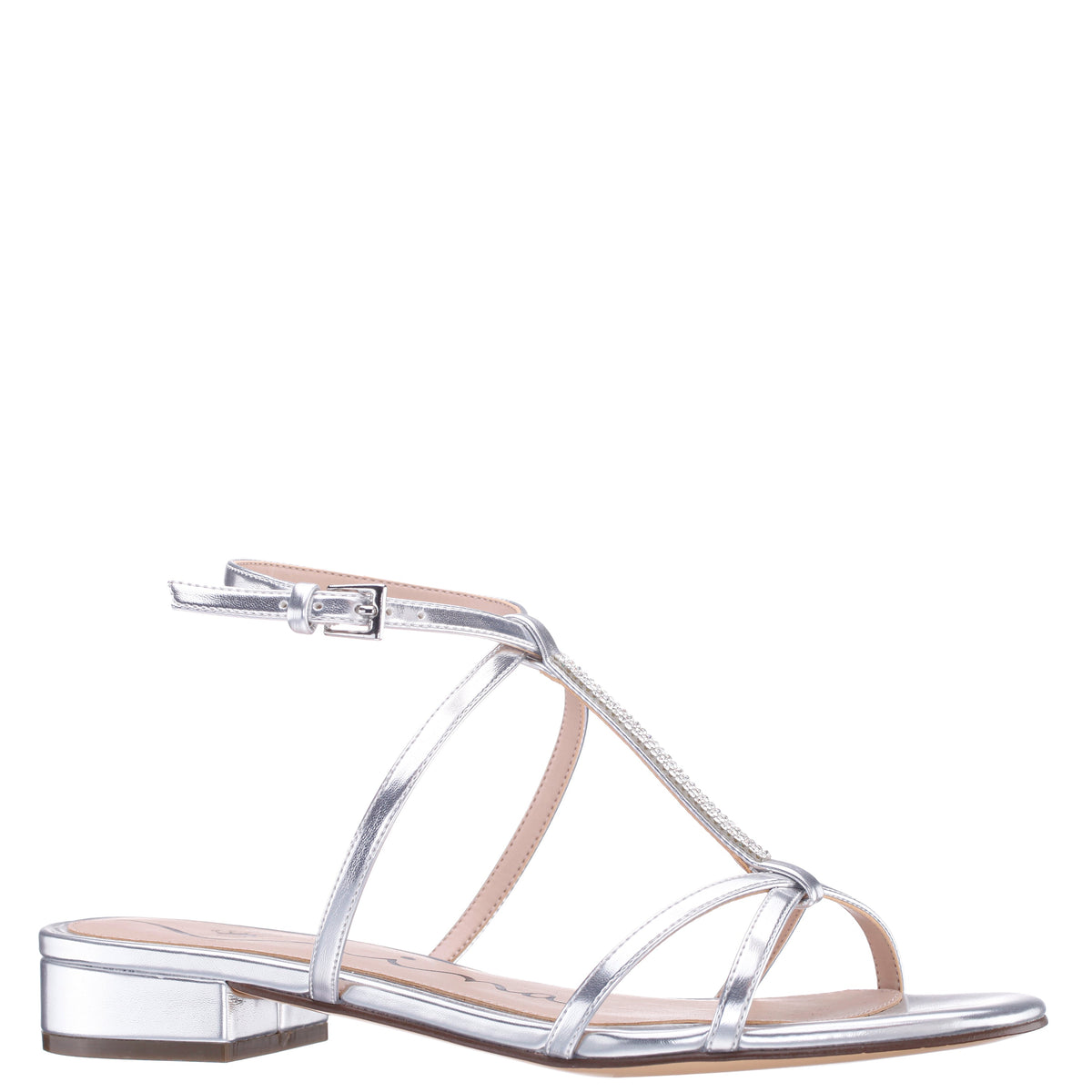 Nina Shoes Sasha Silver Metallic Foil with Rhinestone T-Strap Flat with a Block-Heel and Ankle-Strap