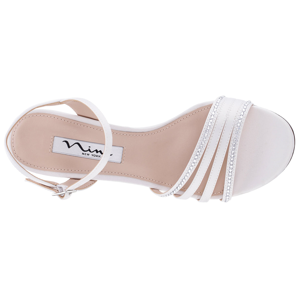 Nina Shoes Nelena White Satin with Clear Crystals Low-Heel Sandals with Ankle-Strap