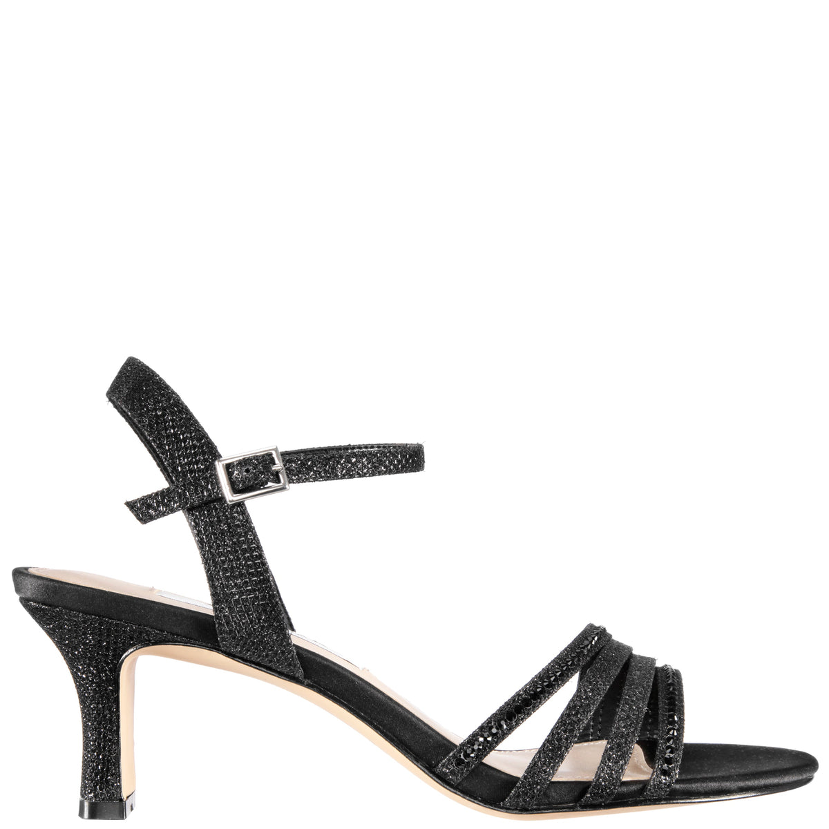 Nina Shoes Nelena Black Textured Metallic with Matching Crystals Low-Heel Sandals with Ankle-Strap