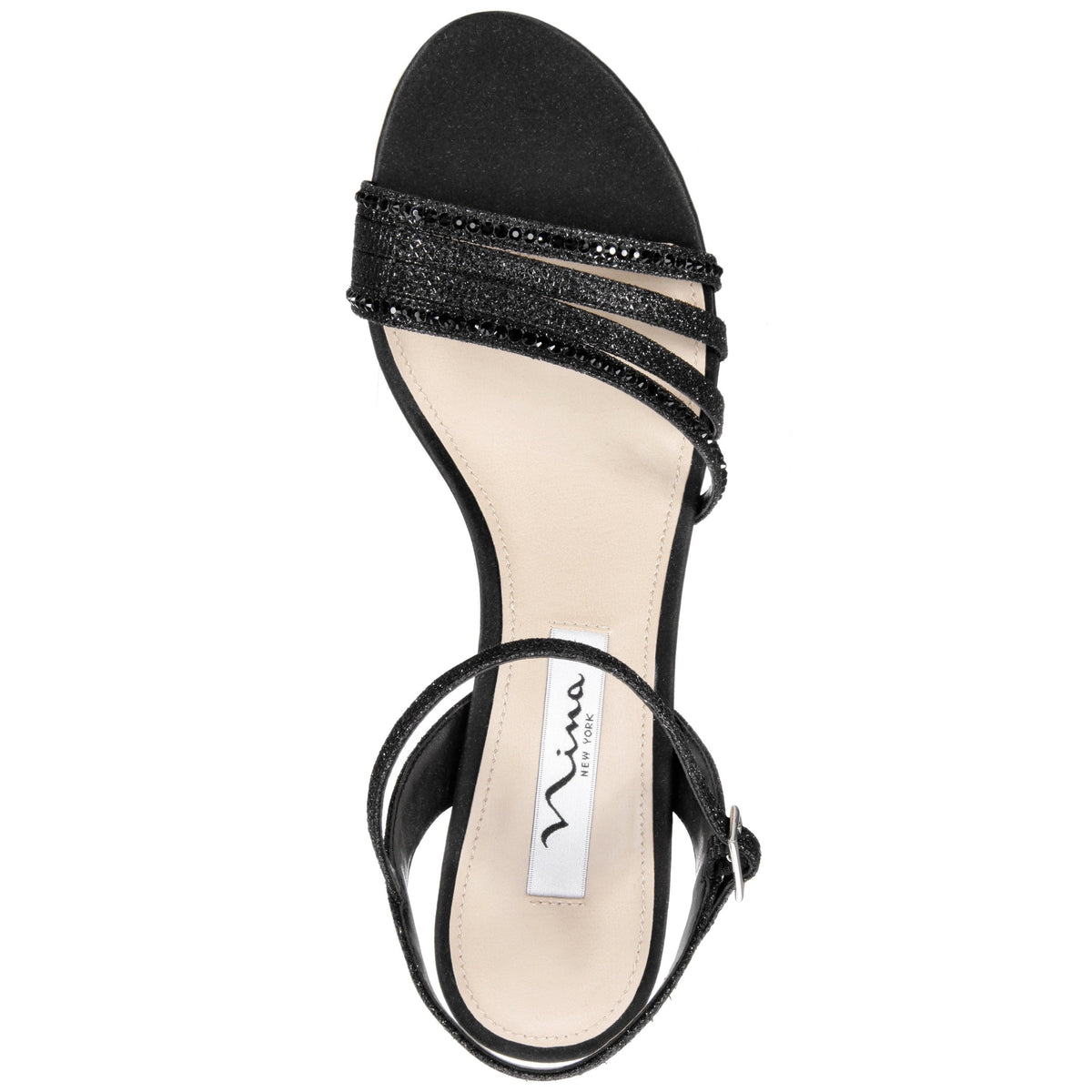 Nina Shoes Nelena Black Textured Metallic with Matching Crystals Low-Heel Sandals with Ankle-Strap
