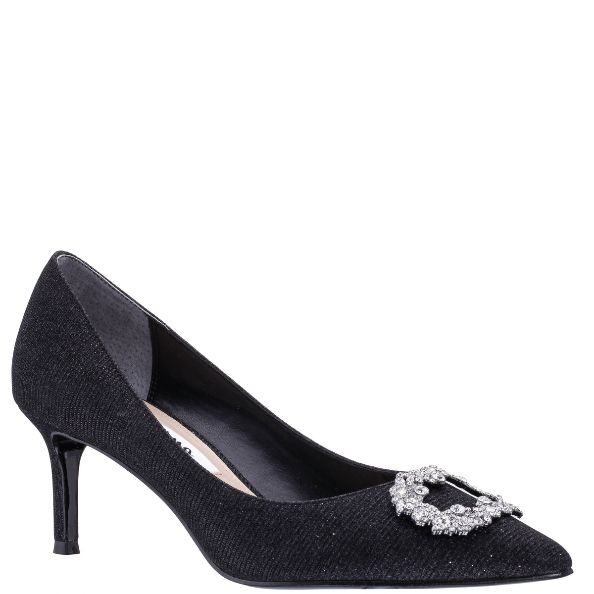 Nina Shoes Neya Black Textured Metallic Mid-Heel Pumps with Jeweled Buckle