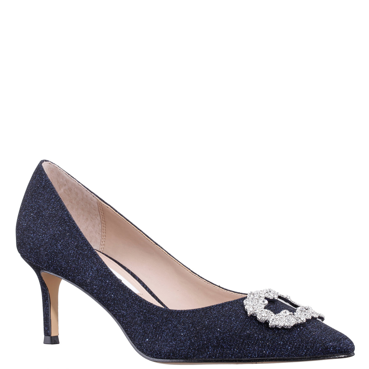 Nina Shoes Neya Blue Textured Metallic Mid-Heel Pumps with Jeweled Buckle