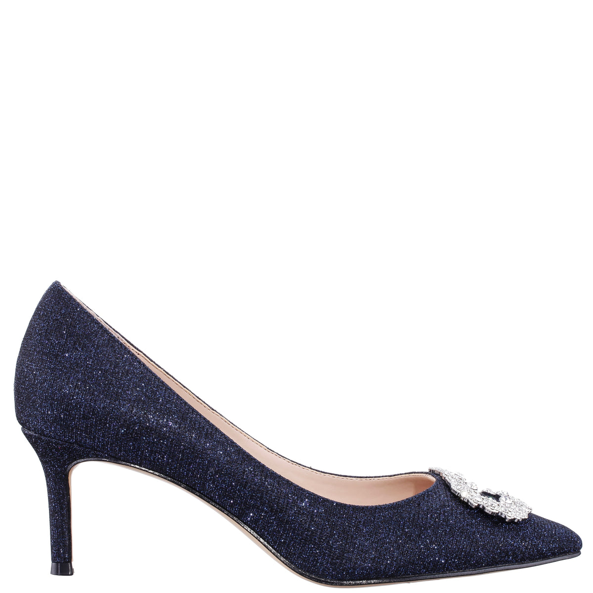 Nina Shoes Neya Blue Textured Metallic Mid-Heel Pumps with Jeweled Buckle