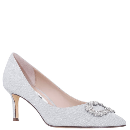 Nina Shoes Neya True Silver Textured Metallic Mid-Heel Pumps with Jeweled Buckle