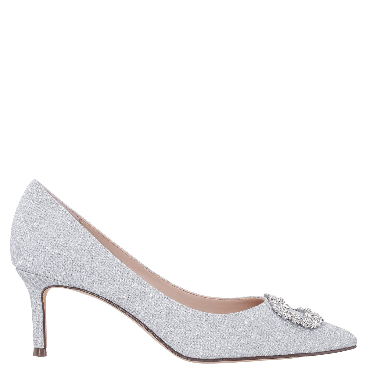 Nina Shoes Neya True Silver Textured Metallic Mid-Heel Pumps with Jeweled Buckle