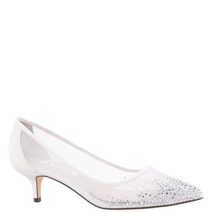 Nina Shoes Sofie White Mesh with Faceted Crystals Kitten-Heel Pumps