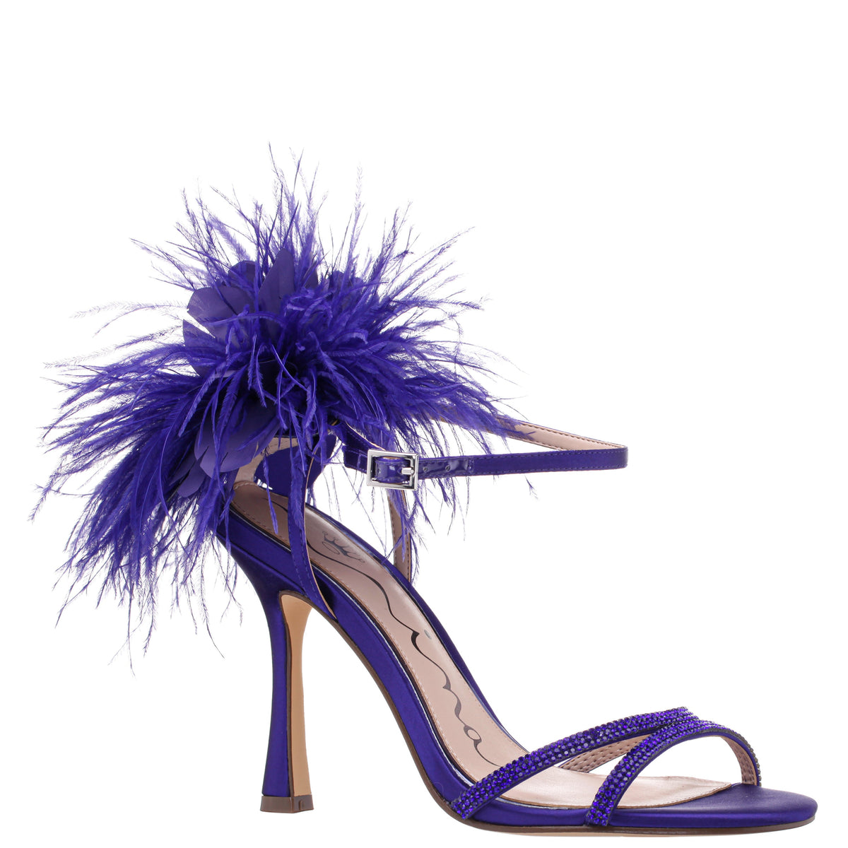 Nina Shoes Demi Purple Satin High-Heel Sandals with Matching Crystals, Feathers and Ankle Strap