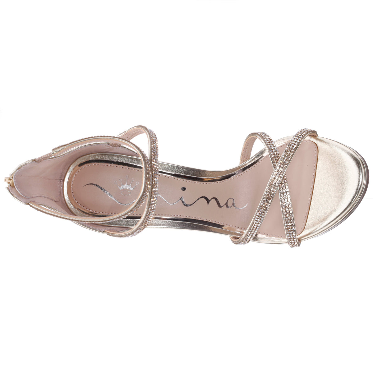 Nina Shoes Ryann Platino Metallic Foil with Clear Crystals High-Heel Platform Sandals with Back Zip