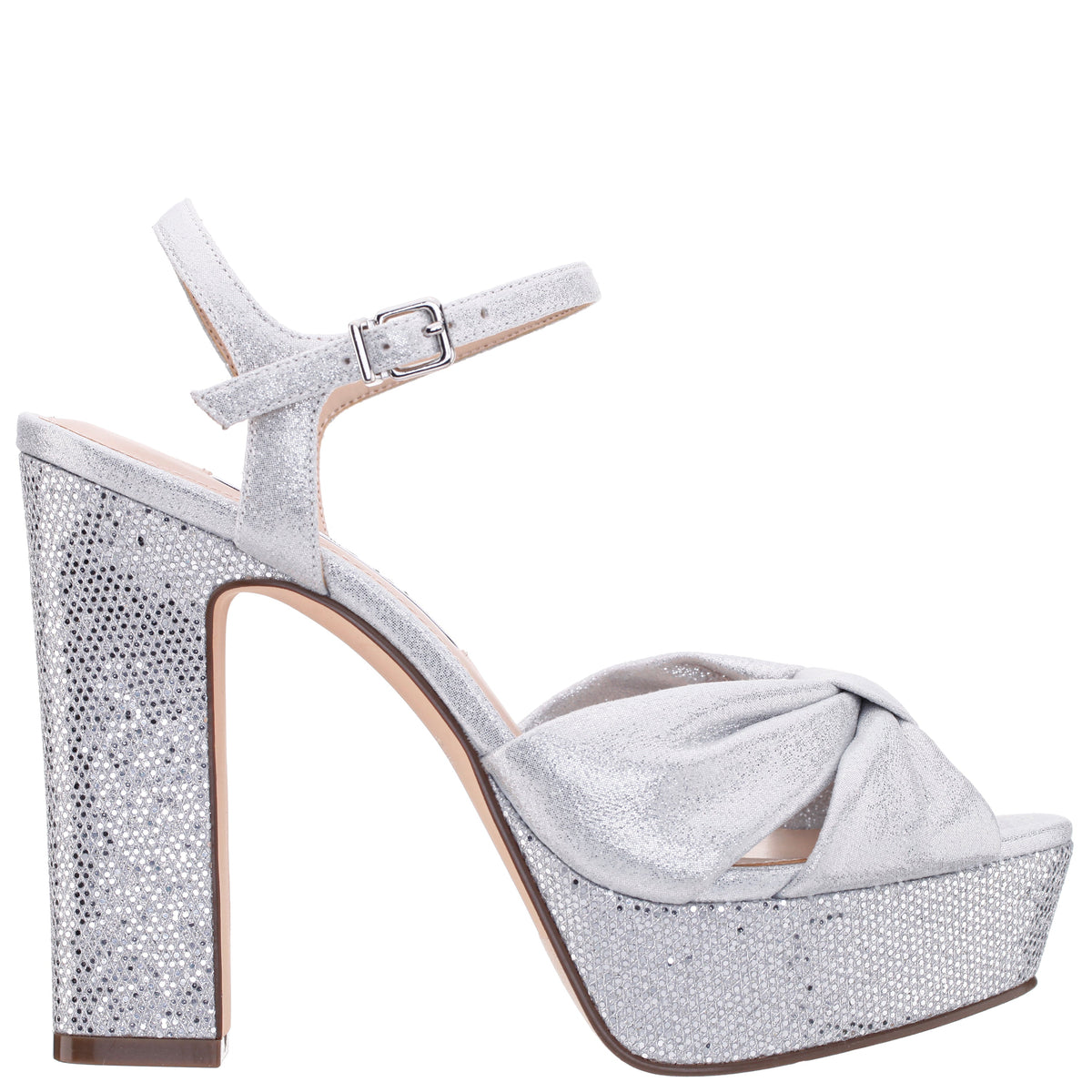 Nina Shoes Skylynn Silver Glitter Block-Heel with Platform Stiletto Sandal with Ankle-Strap