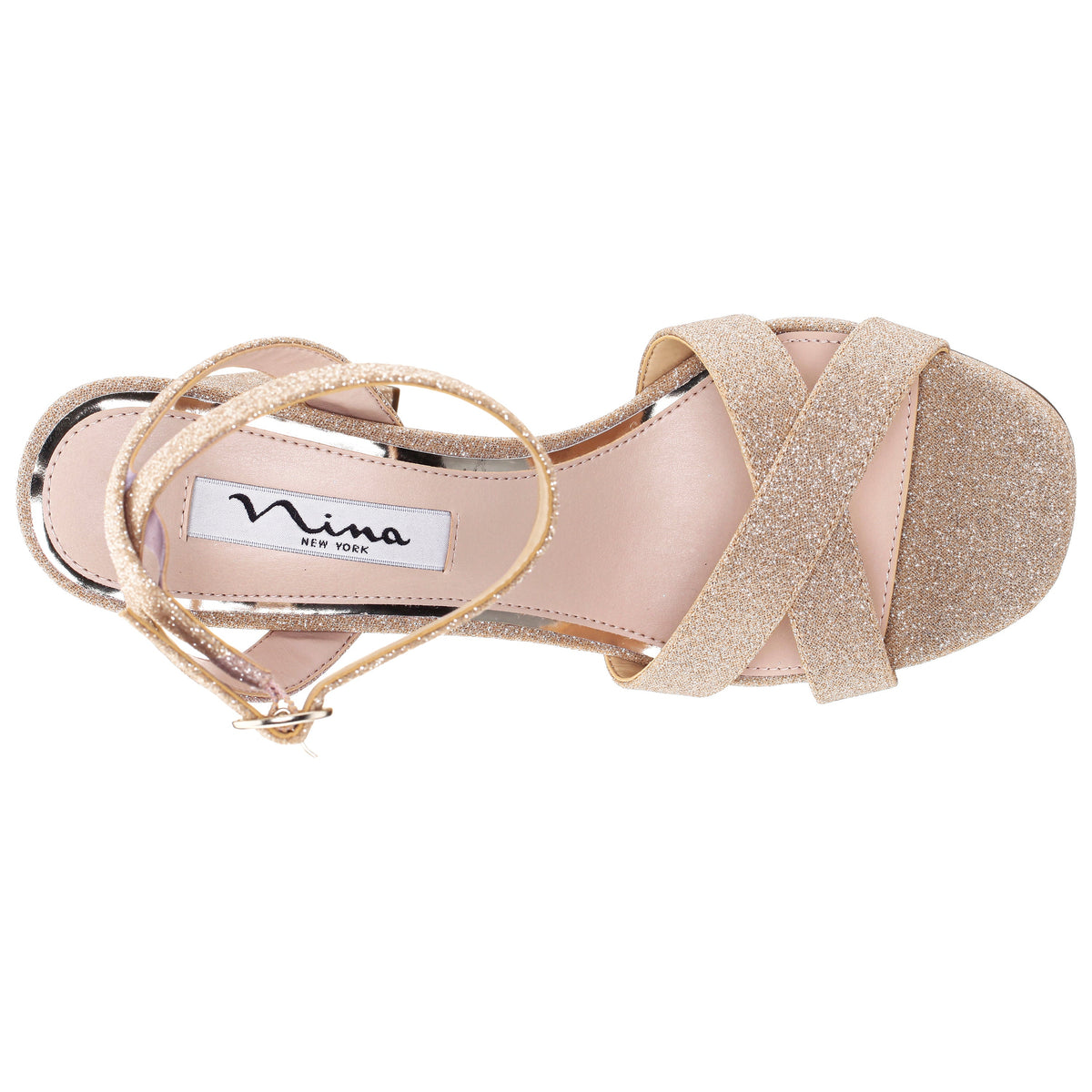 Nina Shoes Shelia Beige Glitter Net Block-Heel Platform Sandals with Ankle-Strap