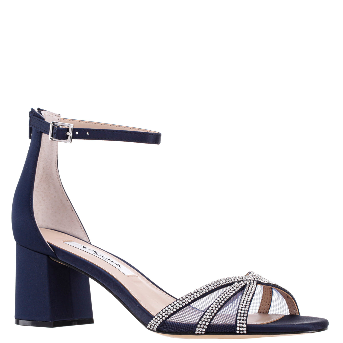 Nina Shoes Brooke Blue Satin Block-Heel Sandals with Ankle-Straps and Crystal Bands