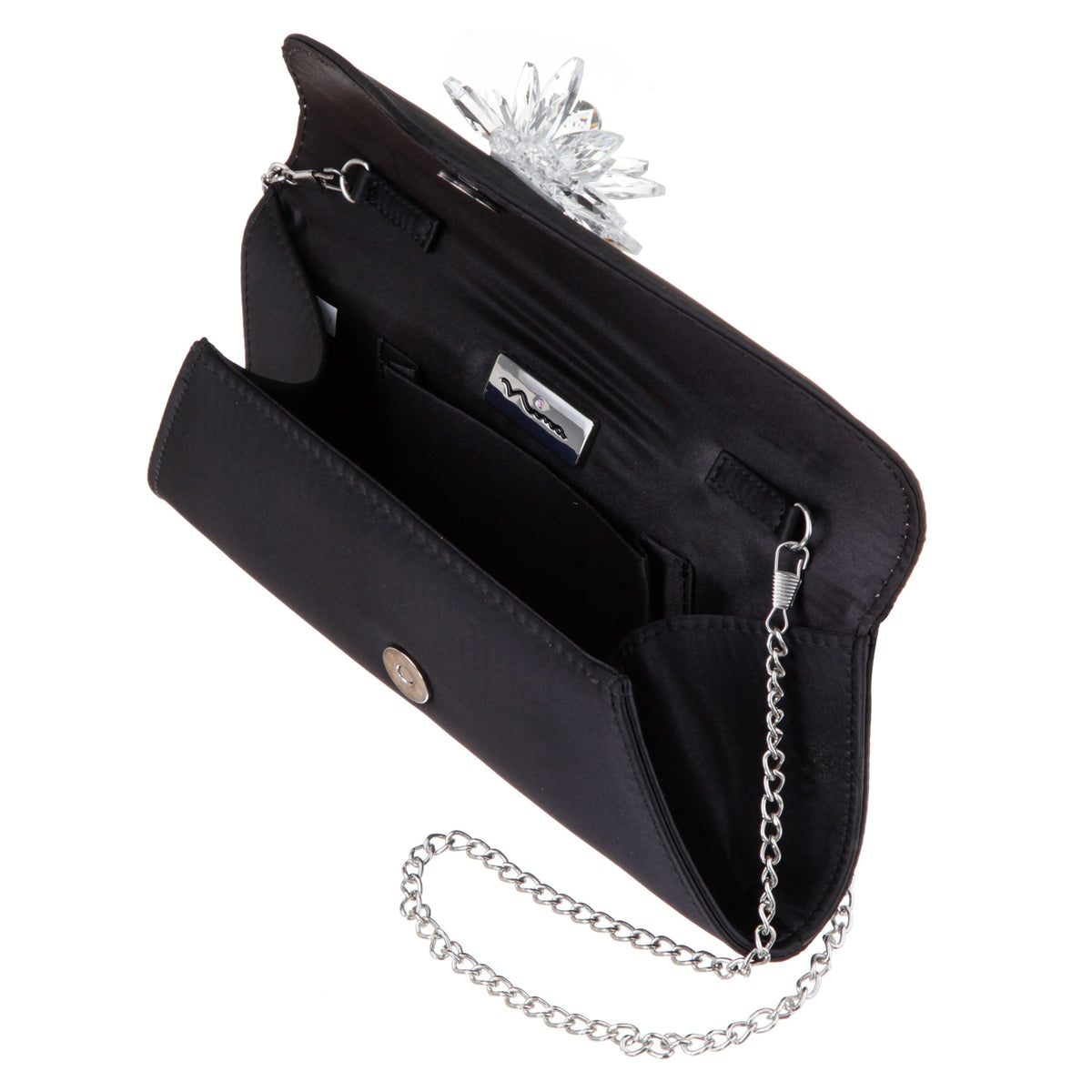 Nina Shoes Twila Black Satin/Glass Crystal Envelope Clutch