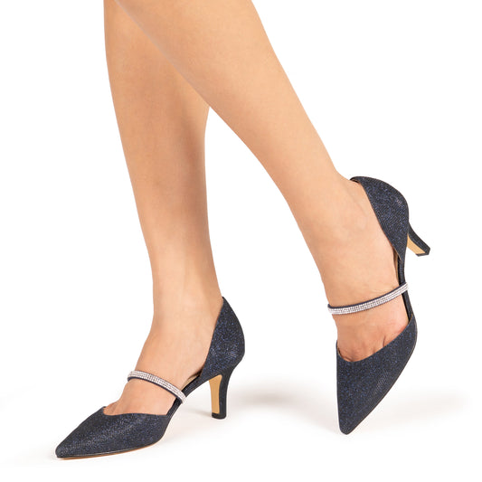 Nina Shoes Brystol Blue Textured Metallic with Crystal Band Mid-Heel D'Orsay Pumps